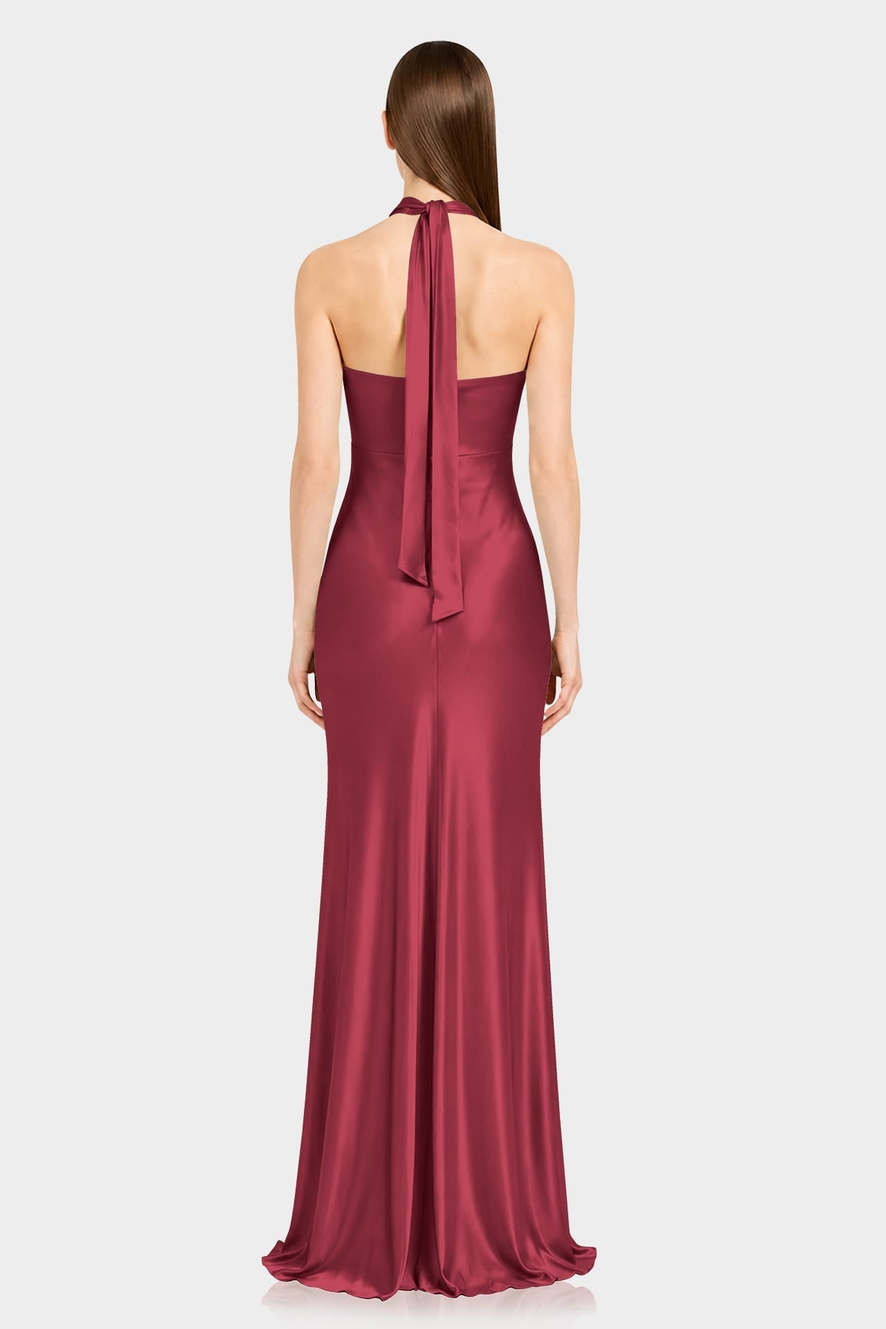 Designer Burgundy Matte Satin Maxi Dress with Halter Neck & Front Cut Out - Bridesmaid Dress
