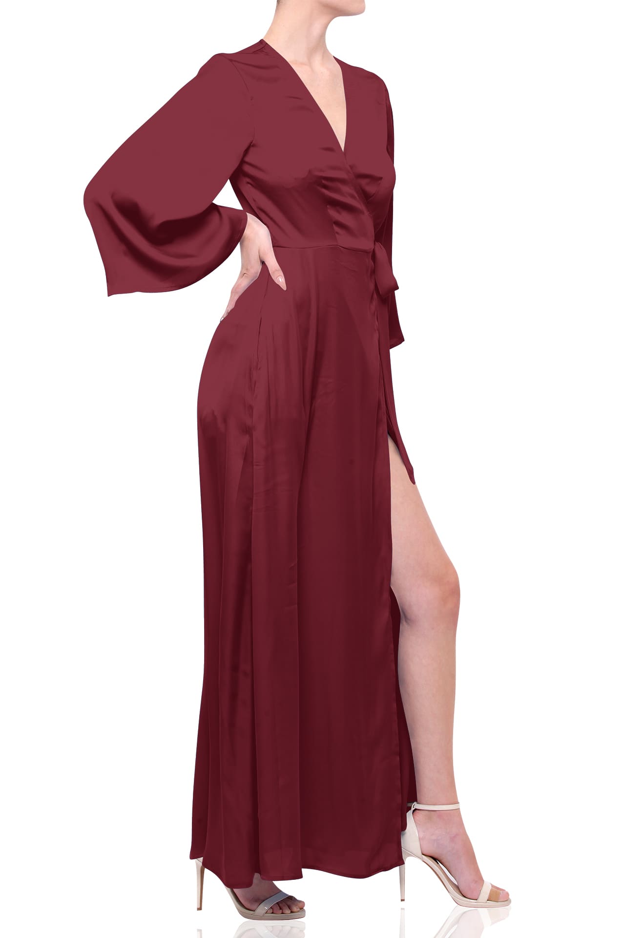 Burgundy Satin Wrap Maxi Bridesmaid Dress – Elegant Wine Red Formal Evening Gown