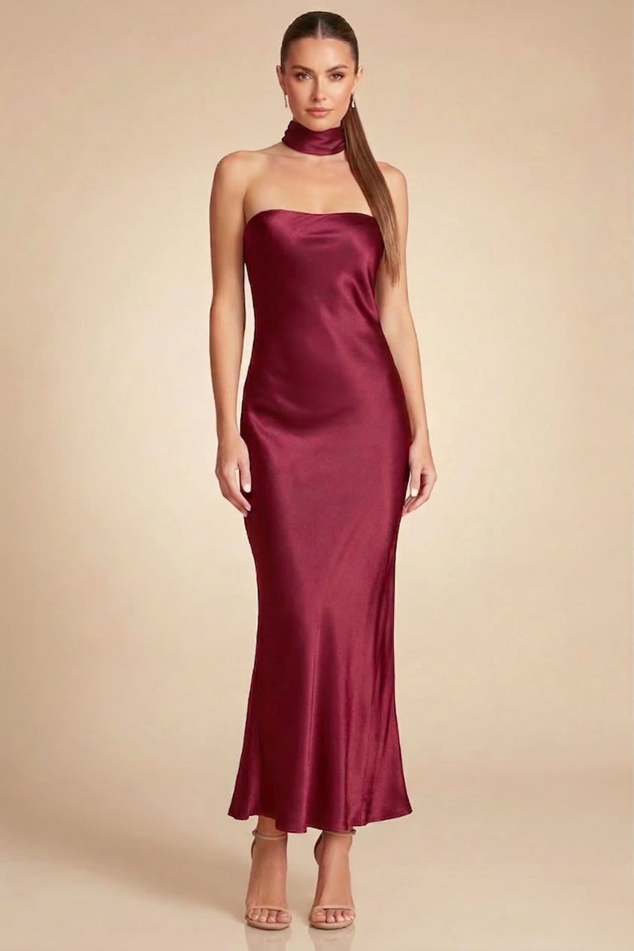 Burgundy Strapless Satin Midi Dress for Formal Events