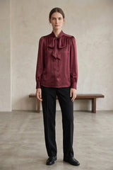 Burgundy Satin Scarf Tie-Neck Blouse