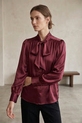 Burgundy Satin Scarf Tie-Neck Blouse