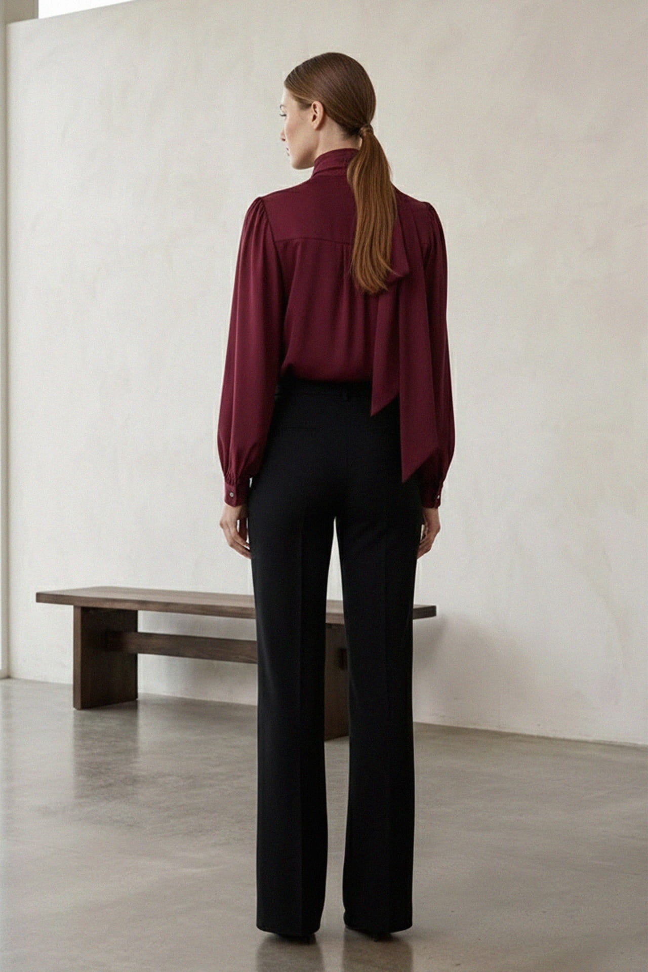 Burgundy Silk Satin-Twill Tie-Neck Blouse