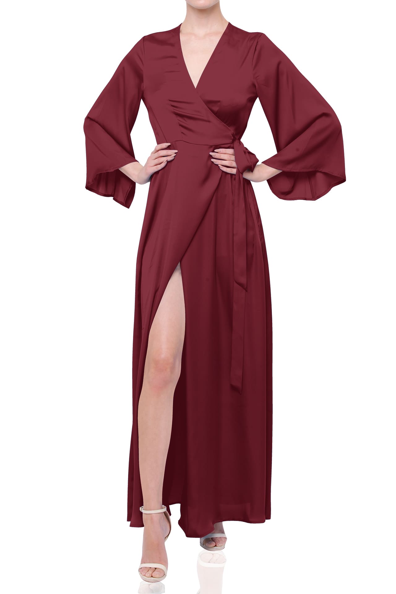 Burgundy Satin Wrap Maxi Bridesmaid Dress – Elegant Wine Red Formal Evening Gown