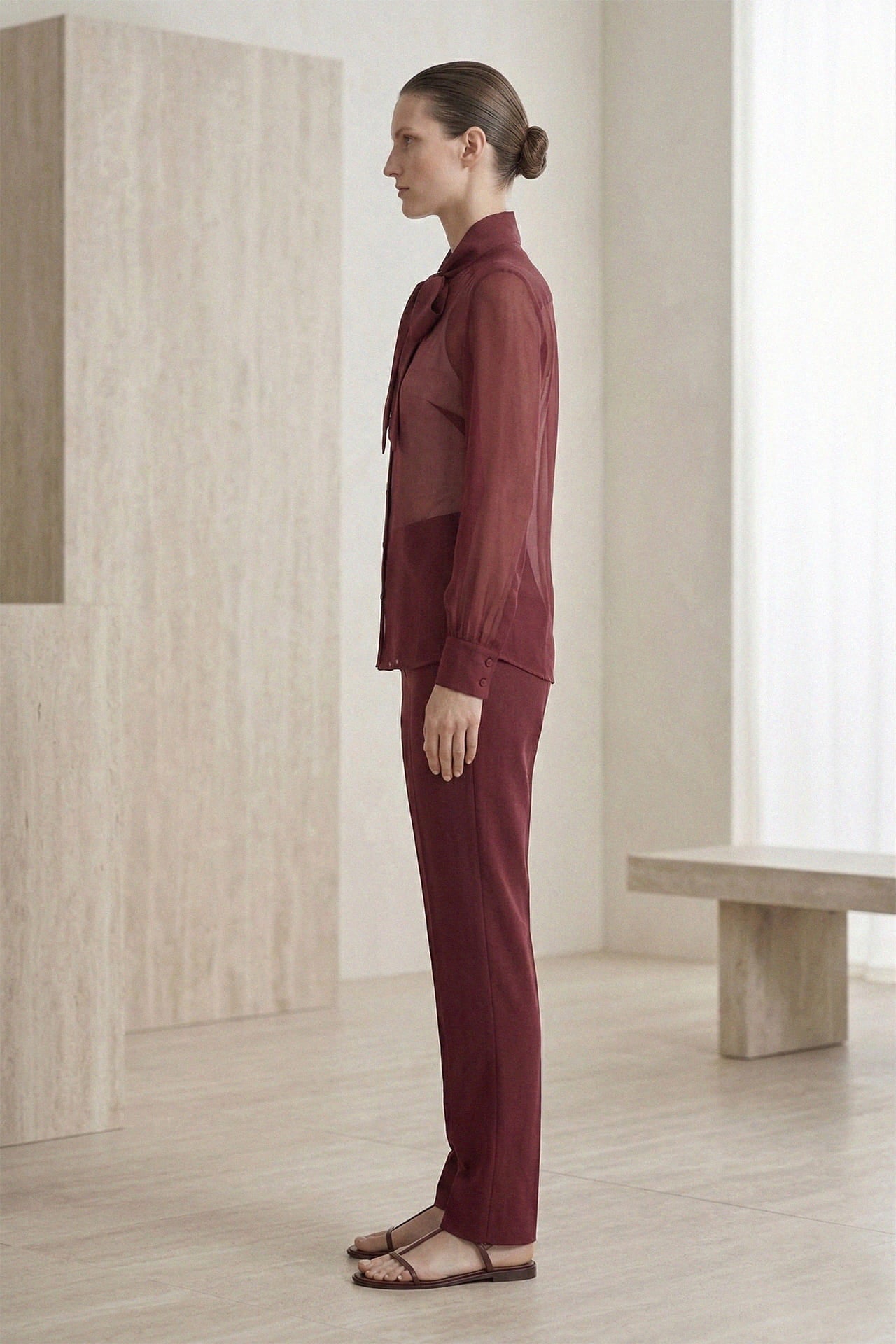Burgundy Sheer Organza Tie-Neck Shirt