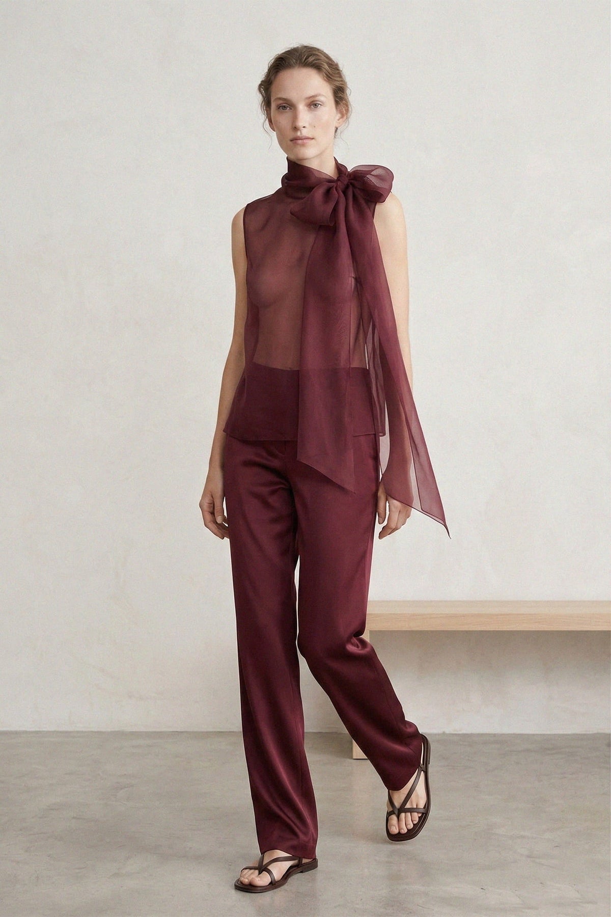 Burgundy Sheer Organza Tie Neck Blouse