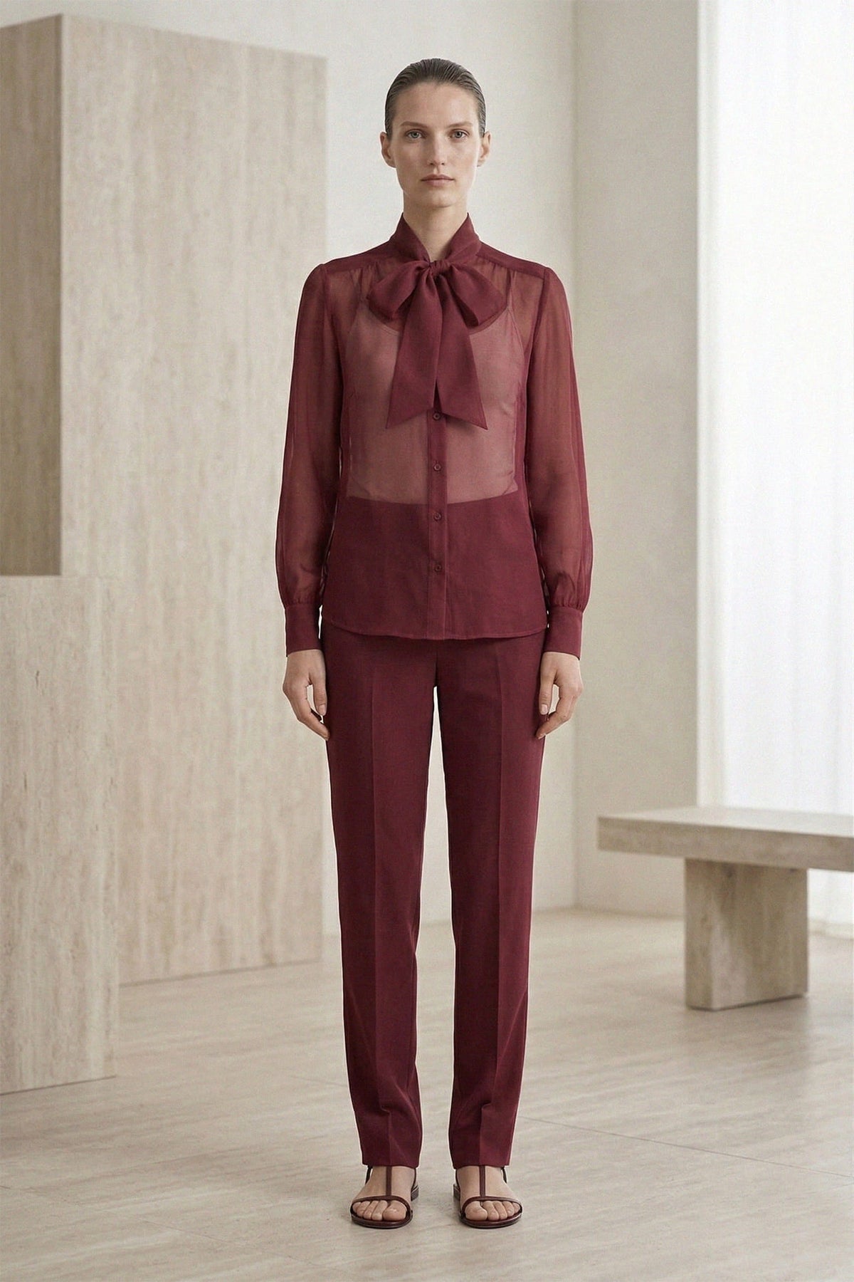 Burgundy Sheer Organza Tie-Neck Shirt