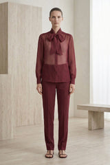 Burgundy Sheer Organza Tie-Neck Shirt