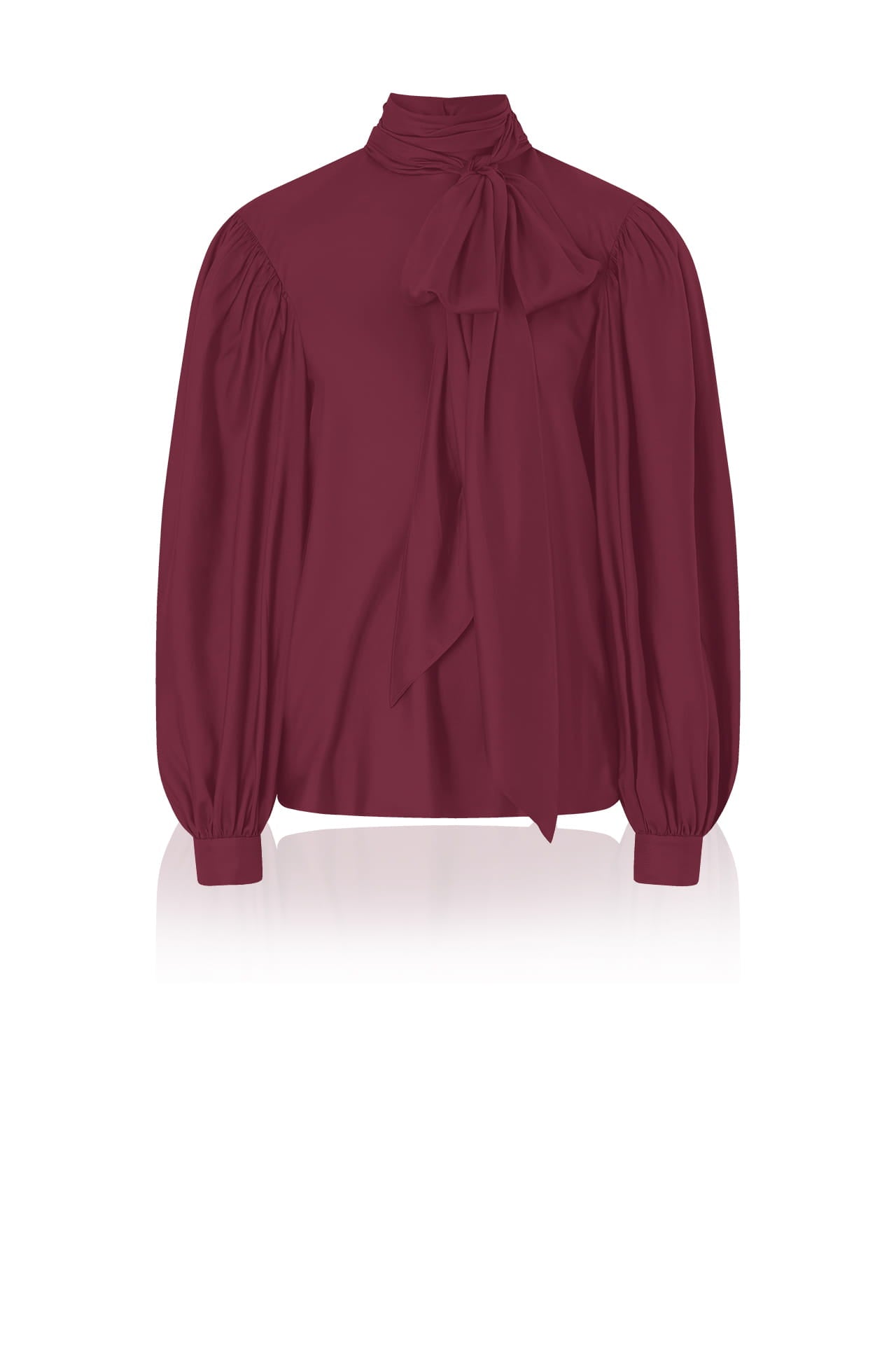 Burgundy Silk Satin-Twill Tie-Neck Blouse