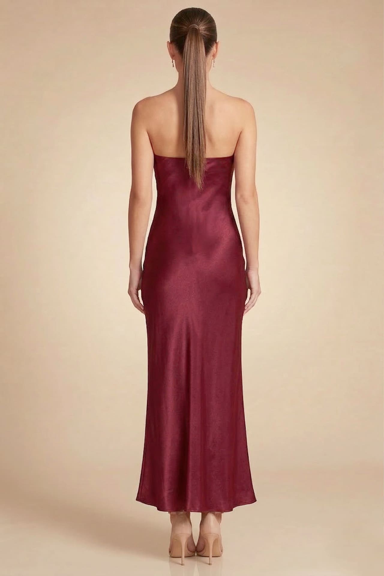 Burgundy Strapless Satin Midi Dress for Formal Events