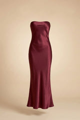 Burgundy Strapless Satin Midi Dress for Formal Events