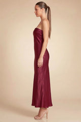 Burgundy Strapless Satin Midi Dress for Formal Events