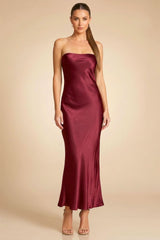Burgundy Strapless Satin Midi Dress for Formal Events