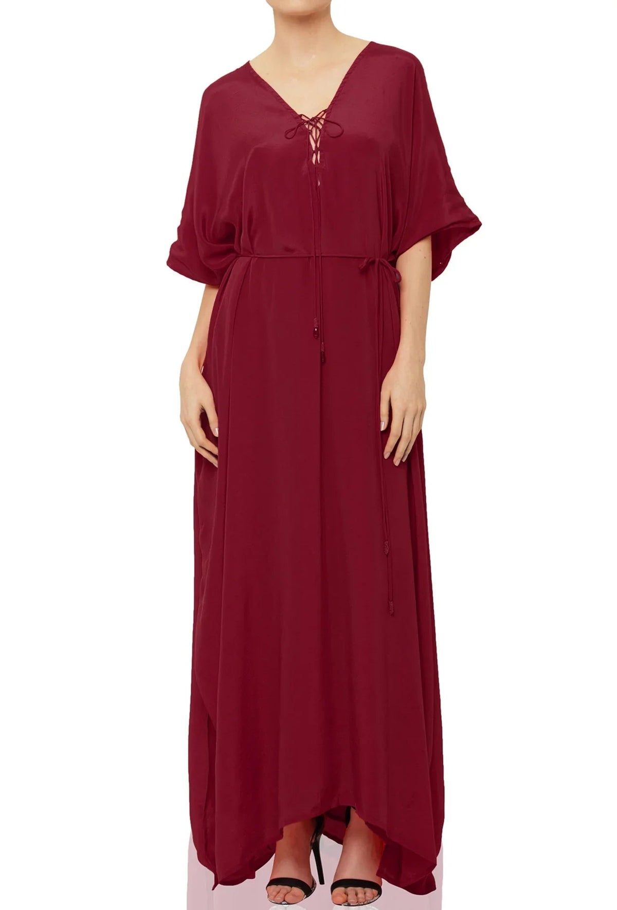 Burgundy Viscose Silk Convertible Maxi Kaftan Dress for Plus size women