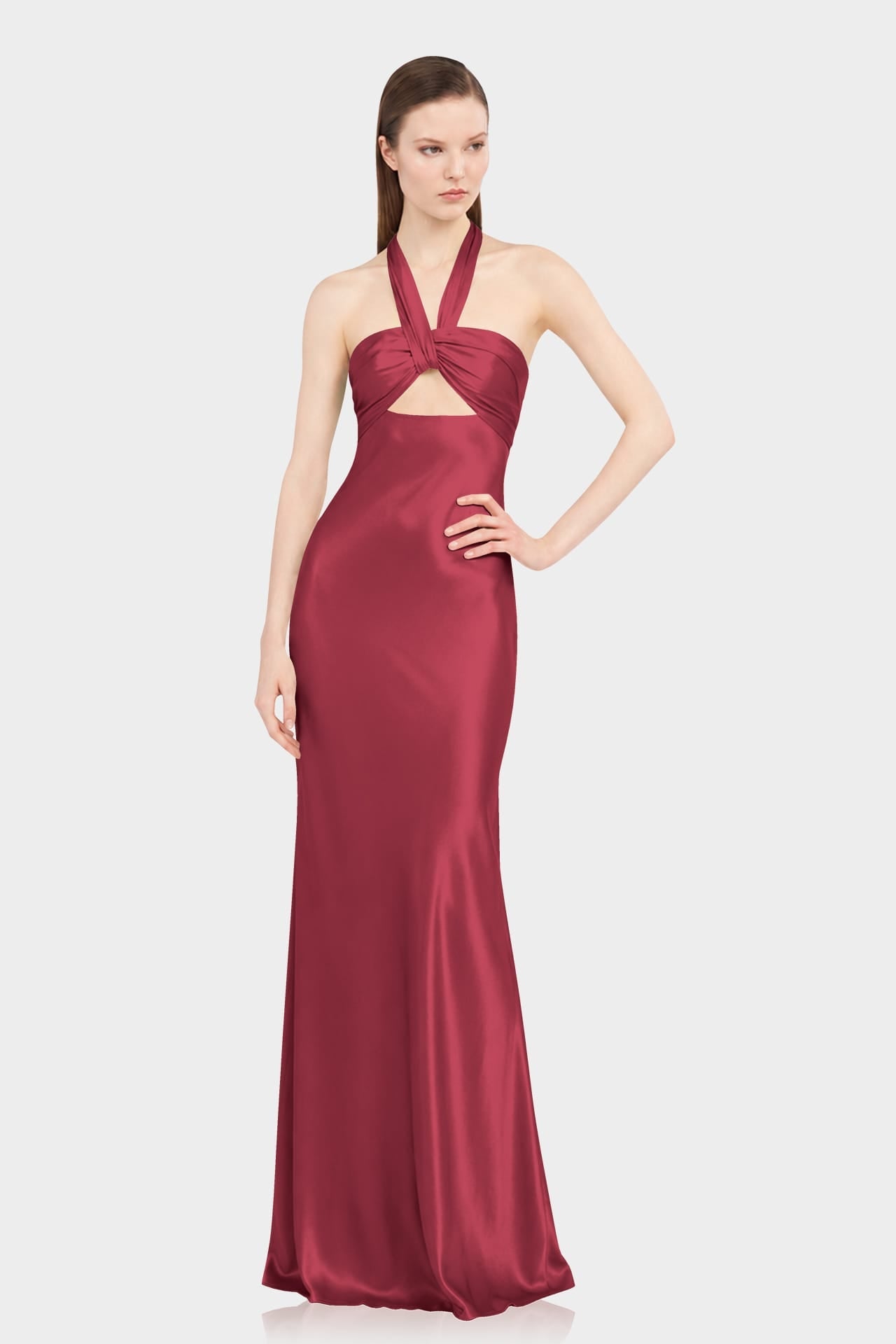 Designer Burgundy Matte Satin Maxi Dress with Halter Neck & Front Cut Out - Bridesmaid Dress