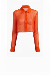 Burnt Orange Sheer Organza Cropped Shirt – Wedding Guest Outfit Top