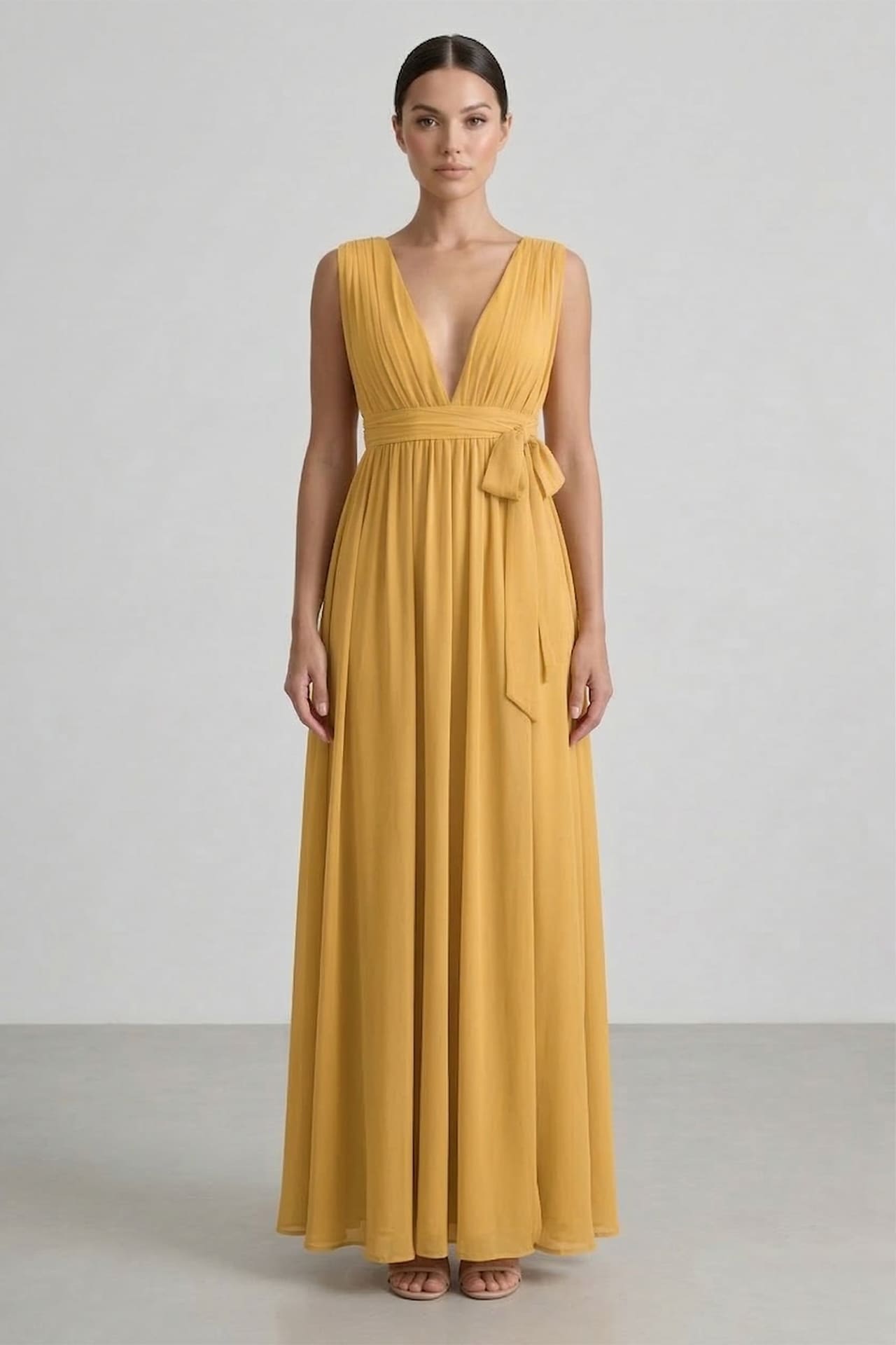 Butterscotch Heaven V-Neck Bridesmaid Dress – Elegant Maxi Gown