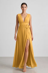 Butterscotch Heaven V-Neck Bridesmaid Dress – Elegant Maxi Gown