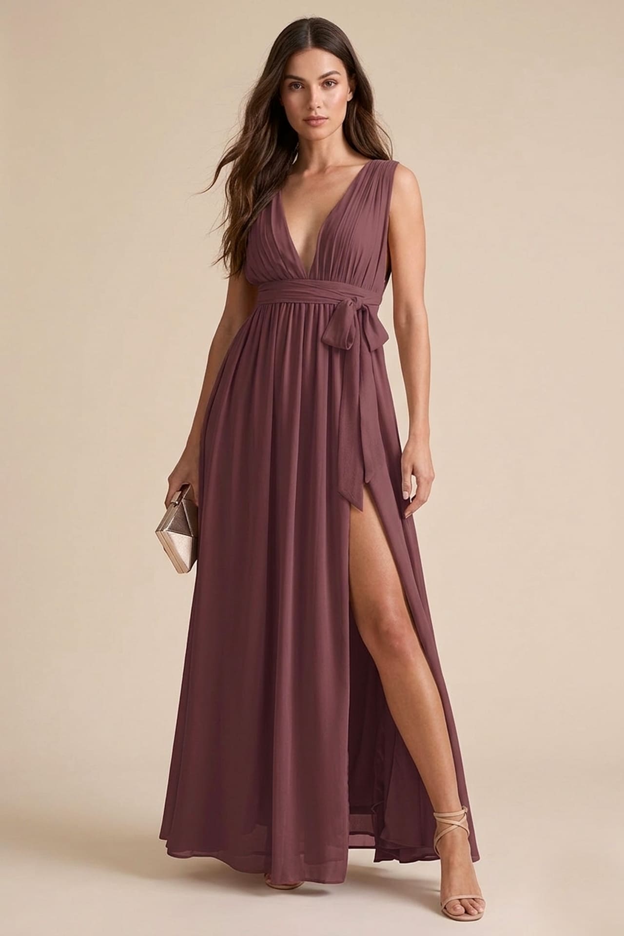 Cabernet Heaven V-Neck Bridesmaid Dress – Deep Elegant Maxi Gown