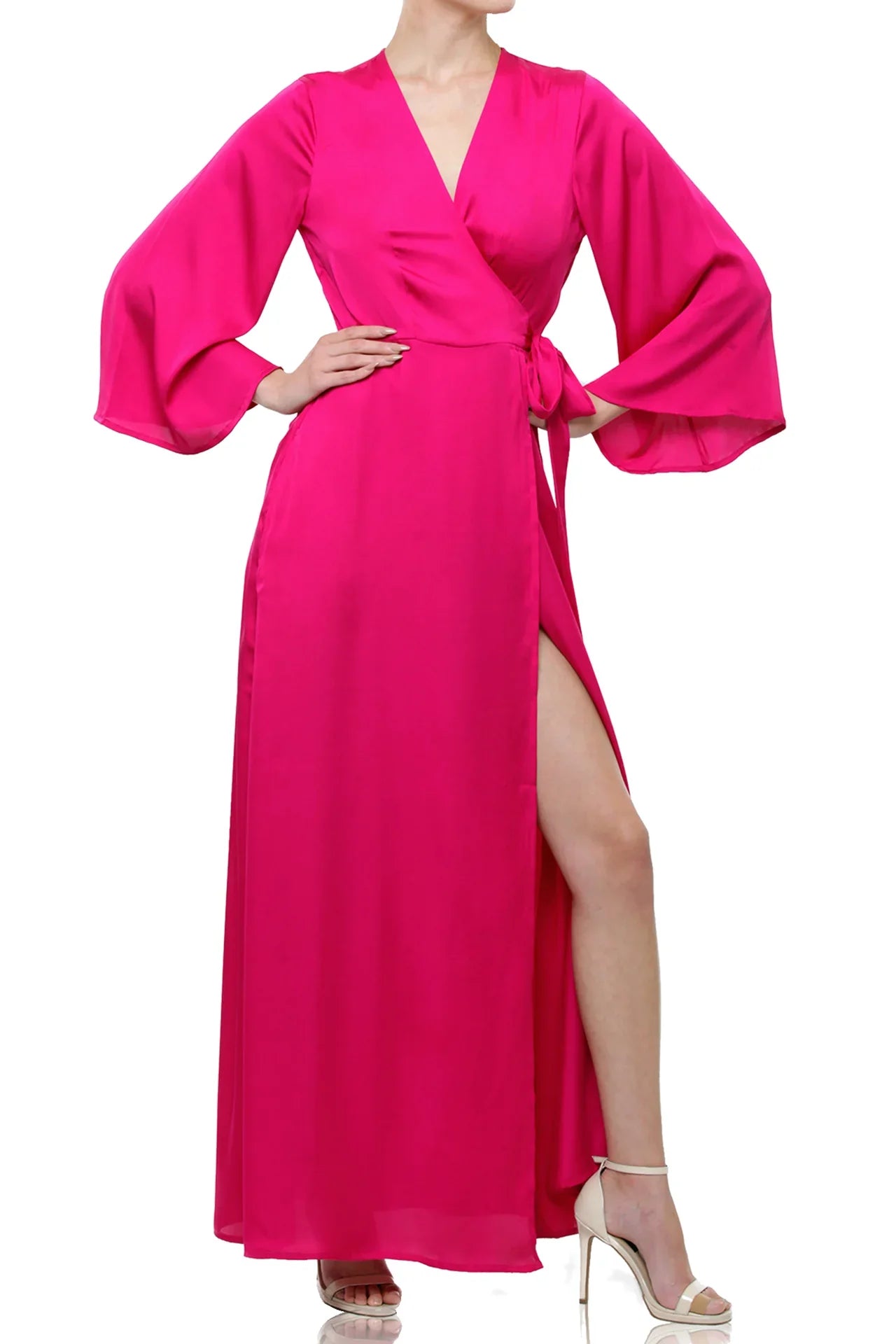 Candy Pink Wrap Maxi Dress with High Slit for Bridesmaid