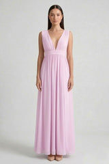 Candy Pink V-Neck Bridesmaid Dress – Bright Elegant Maxi Gown