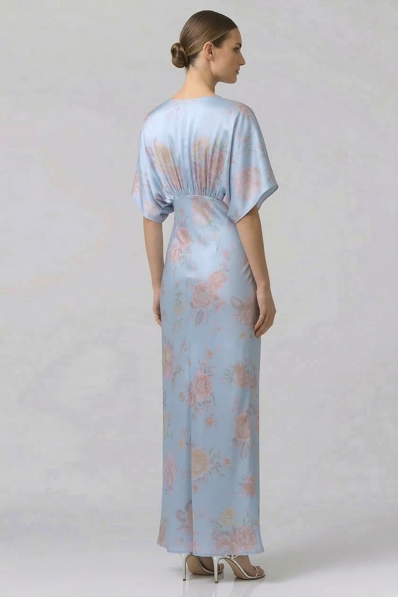 Shasi Powder Blue Satin V-Neck Floral Bridesmaid Dress with Flutter Sleeves- Beach Bridal Dress