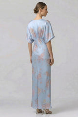 Shasi Powder Blue Satin V-Neck Floral Bridesmaid Dress with Flutter Sleeves- Beach Bridal Dress