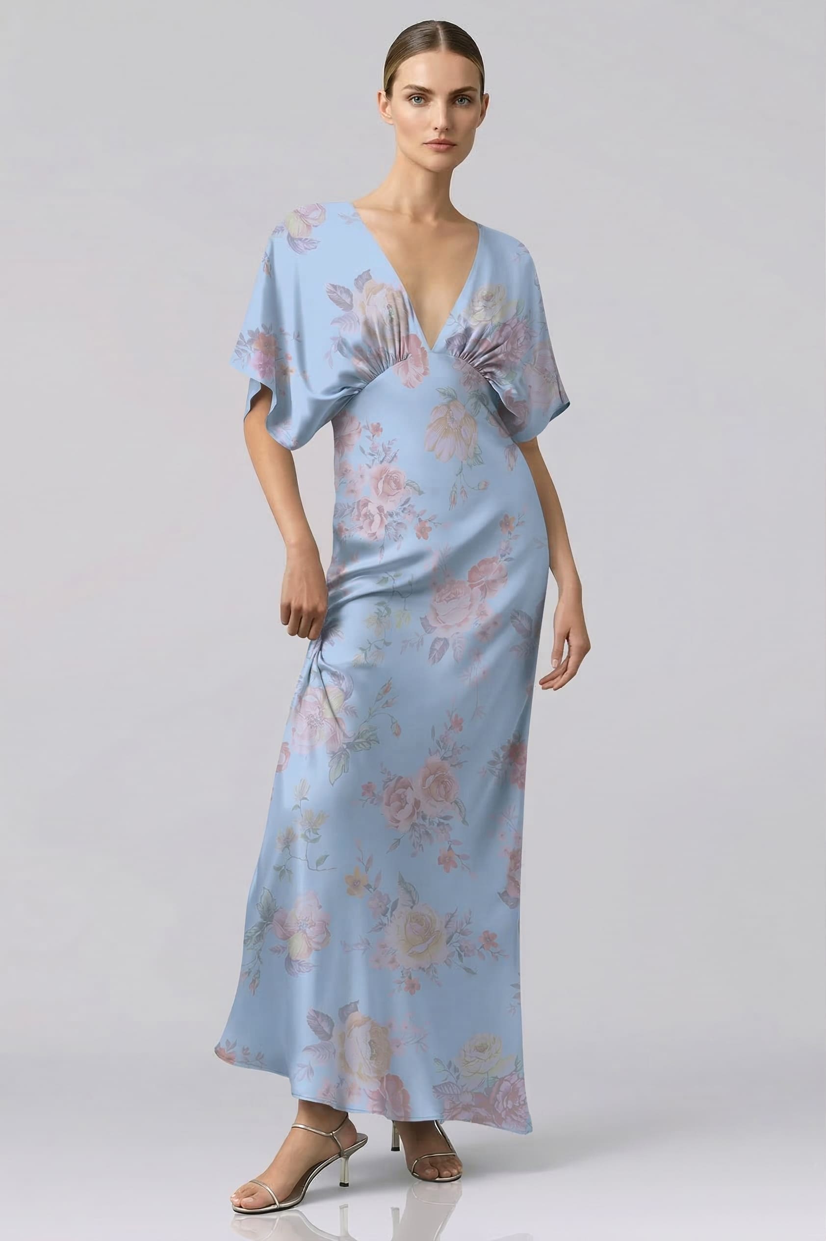 Shasi Powder Blue Satin V-Neck Floral Bridesmaid Dress with Flutter Sleeves- Beach Bridal Dress