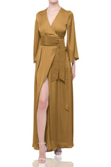 Champagne Beige Satin Wrap Maxi Bridesmaid Dress – Long Sleeve Wedding Gown
