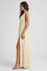 Champagne Heaven A-Line Wedding Guest Dress with V Neck by Shahsi