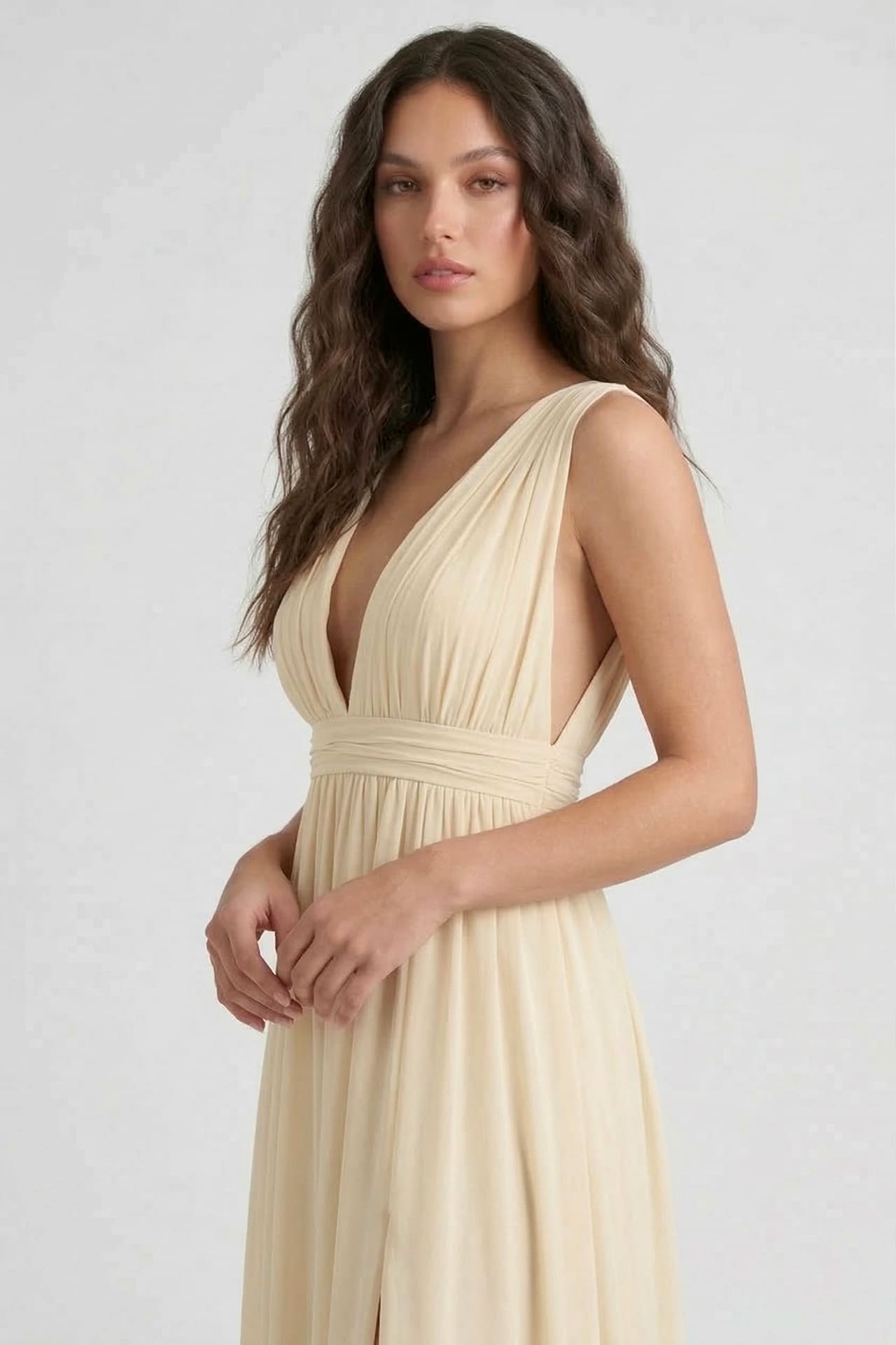 Champagne Heaven A-Line Wedding Guest Dress with V Neck by Shahsi