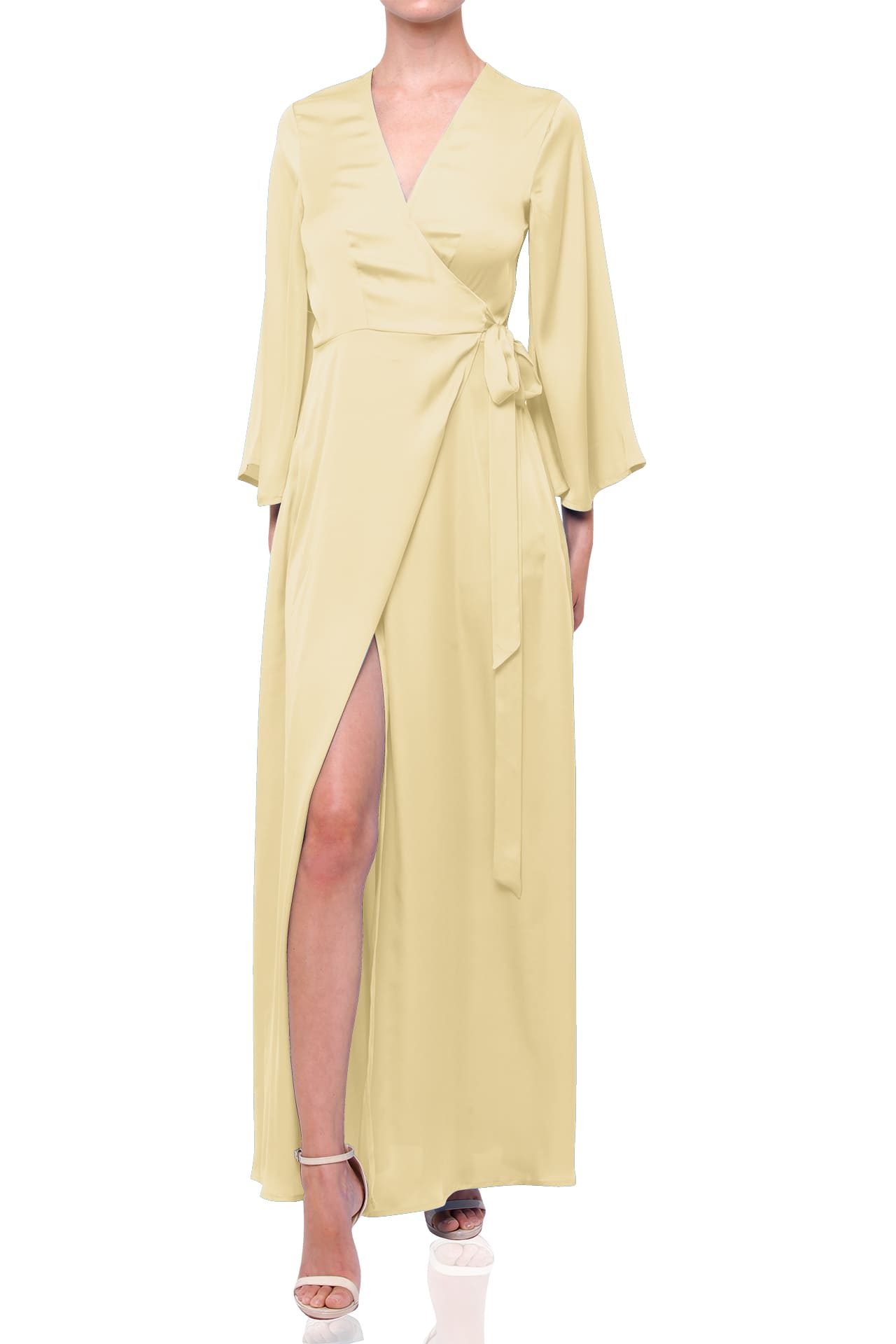 Champagne Satin Wrap Bridesmaid Maxi Dress with Slit – Long Sleeve