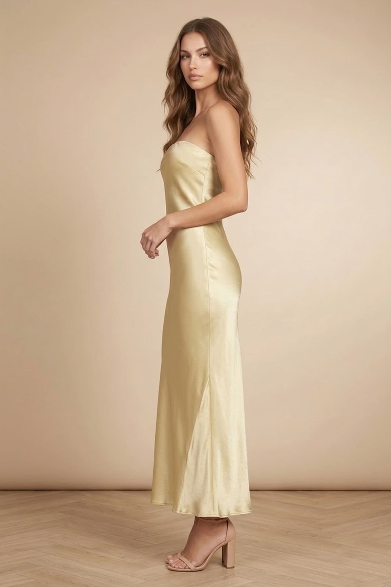 Champagne Satin Strapless Dress for Wedding Guest