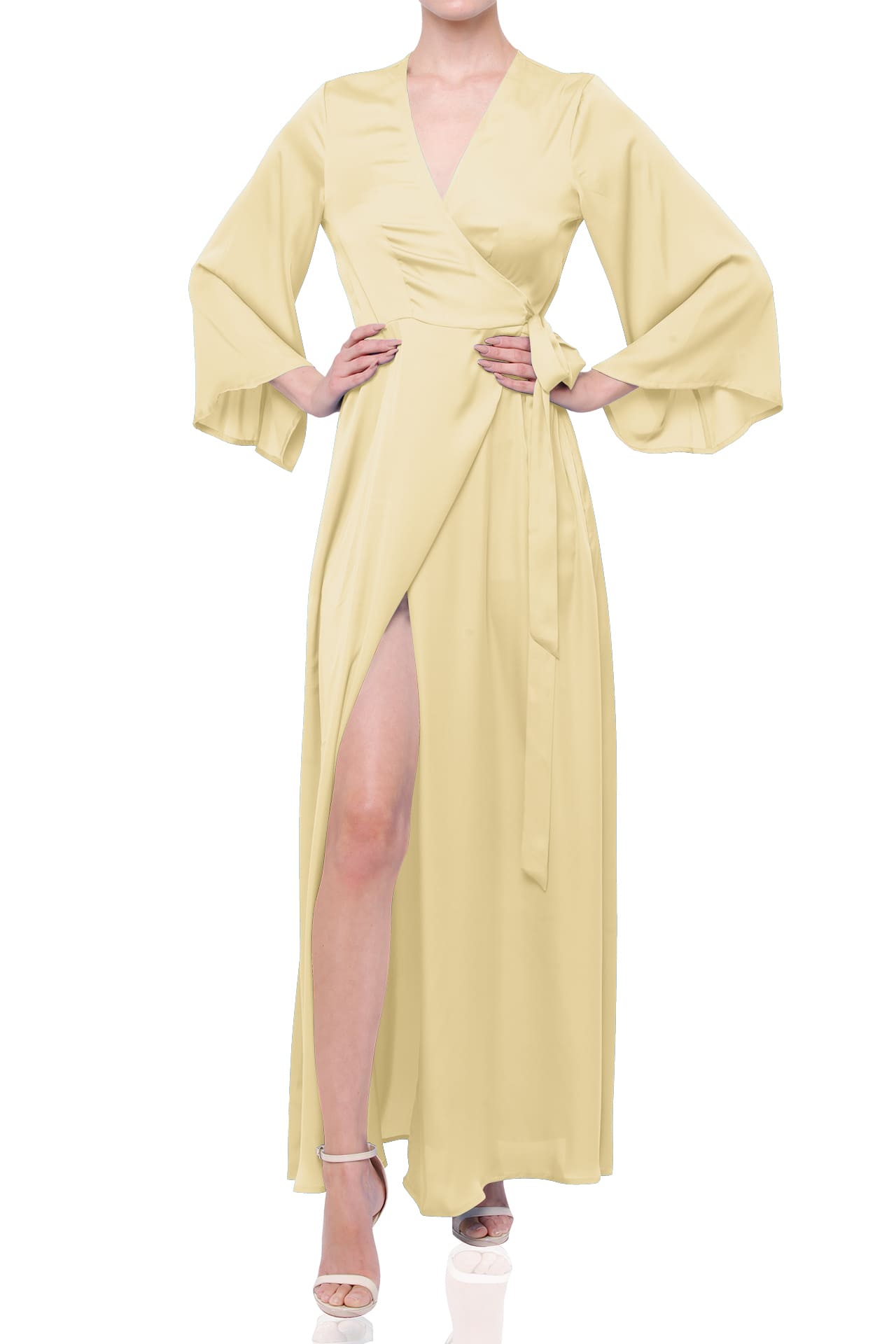 Champagne Satin Wrap Bridesmaid Maxi Dress with Slit – Long Sleeve