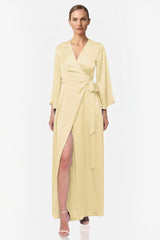 Champagne Satin Wrap Bridesmaid Maxi Dress with Slit – Long Sleeve
