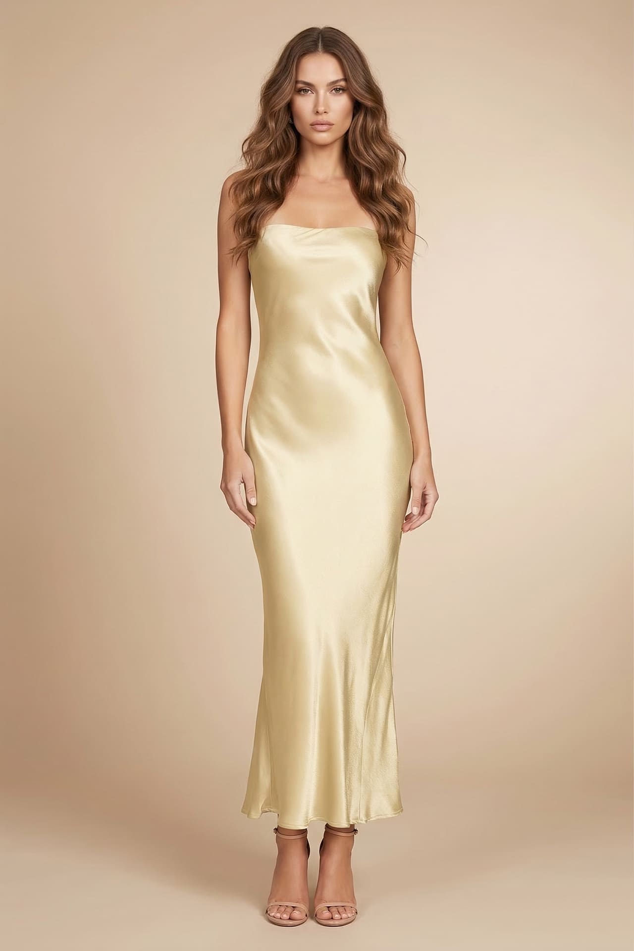 Champagne Satin Strapless Dress for Wedding Guest