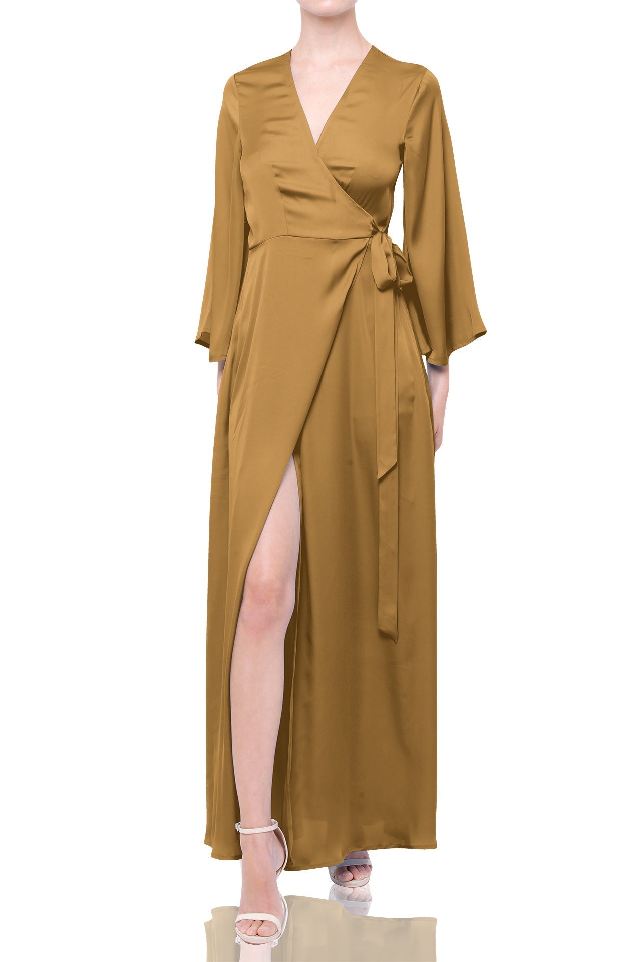 Champagne Beige Satin Wrap Maxi Bridesmaid Dress – Long Sleeve Wedding Gown