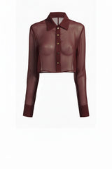 Chocolate Brown Fitted Sheer Shirt for Women – Organza Cropped Button-Down Blouse