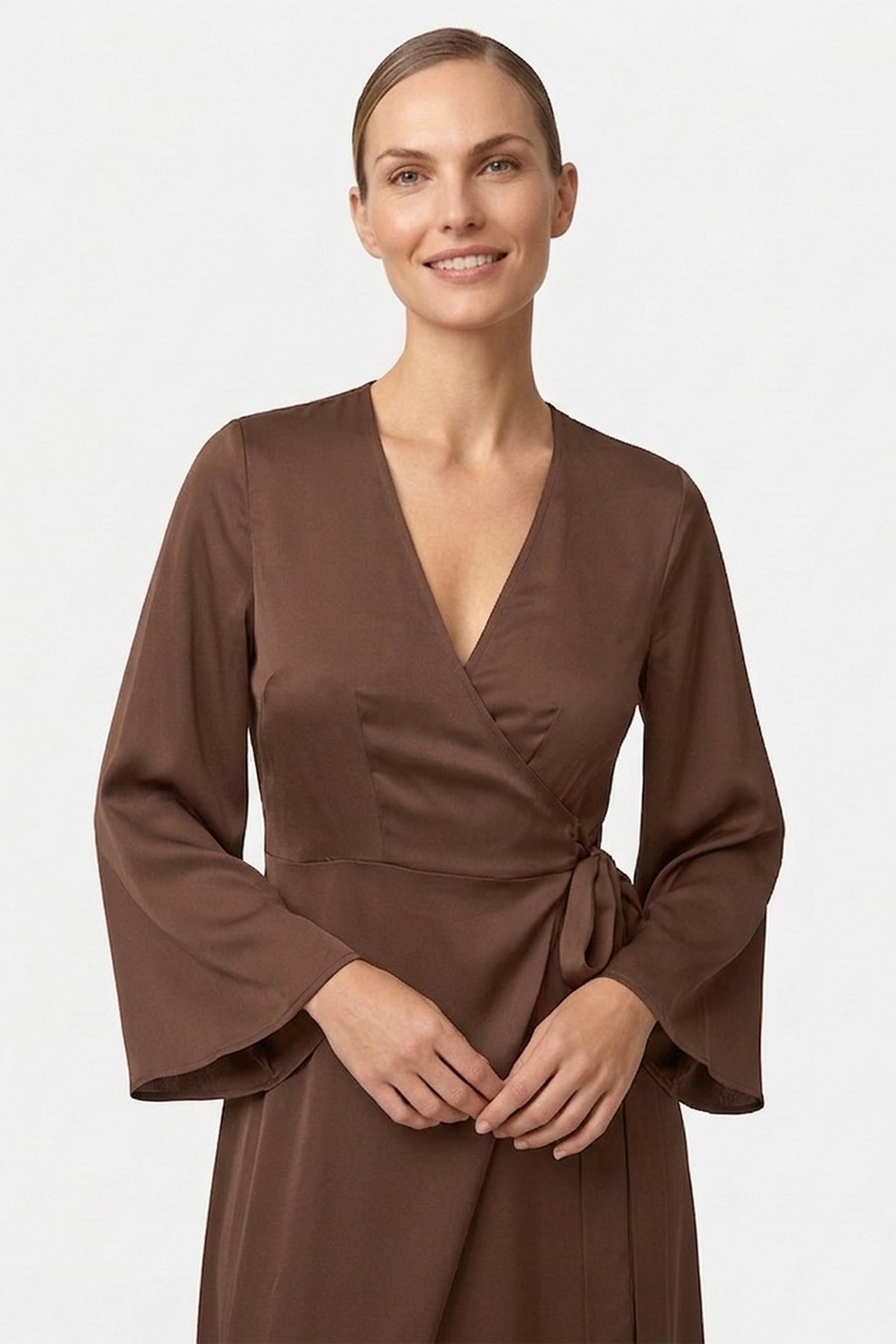 Chocolate Satin Wrap Maxi Bridesmaid Dress
