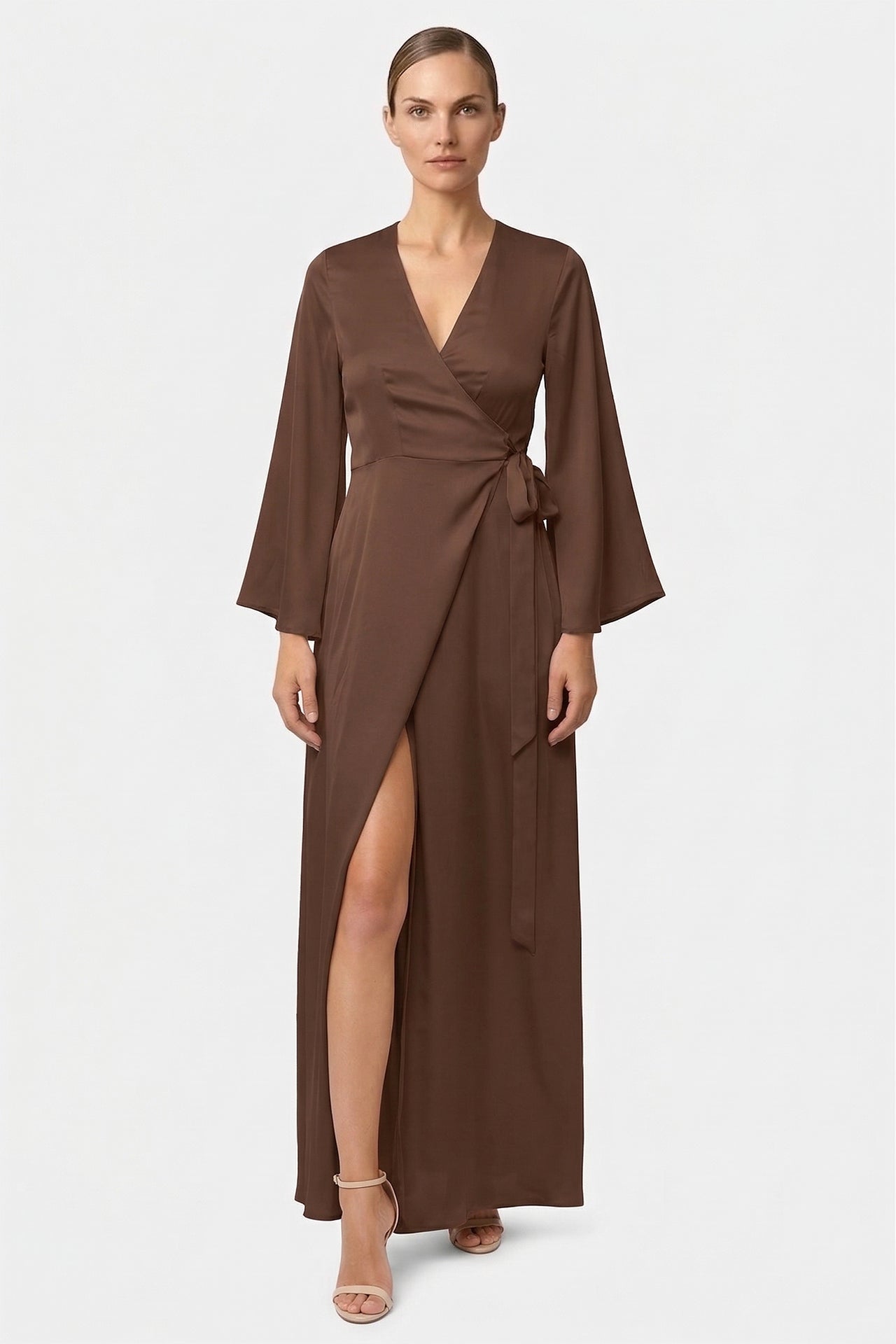 Chocolate Satin Wrap Maxi Bridesmaid Dress