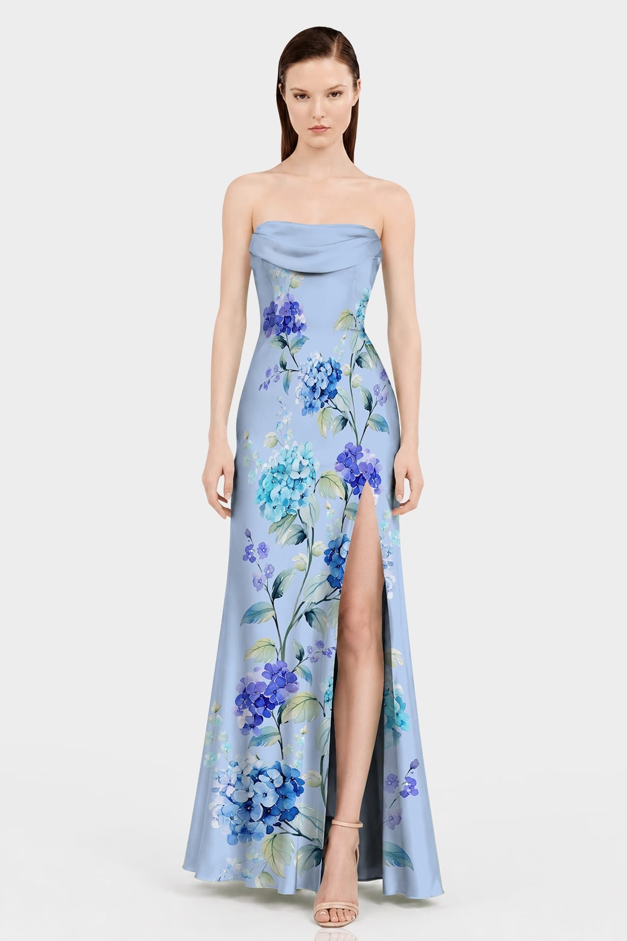 Hydrangea Floral Print Satin Convertible Maxi Dress
