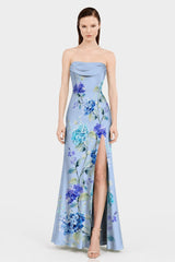 Hydrangea Floral Print Satin Convertible Maxi Dress