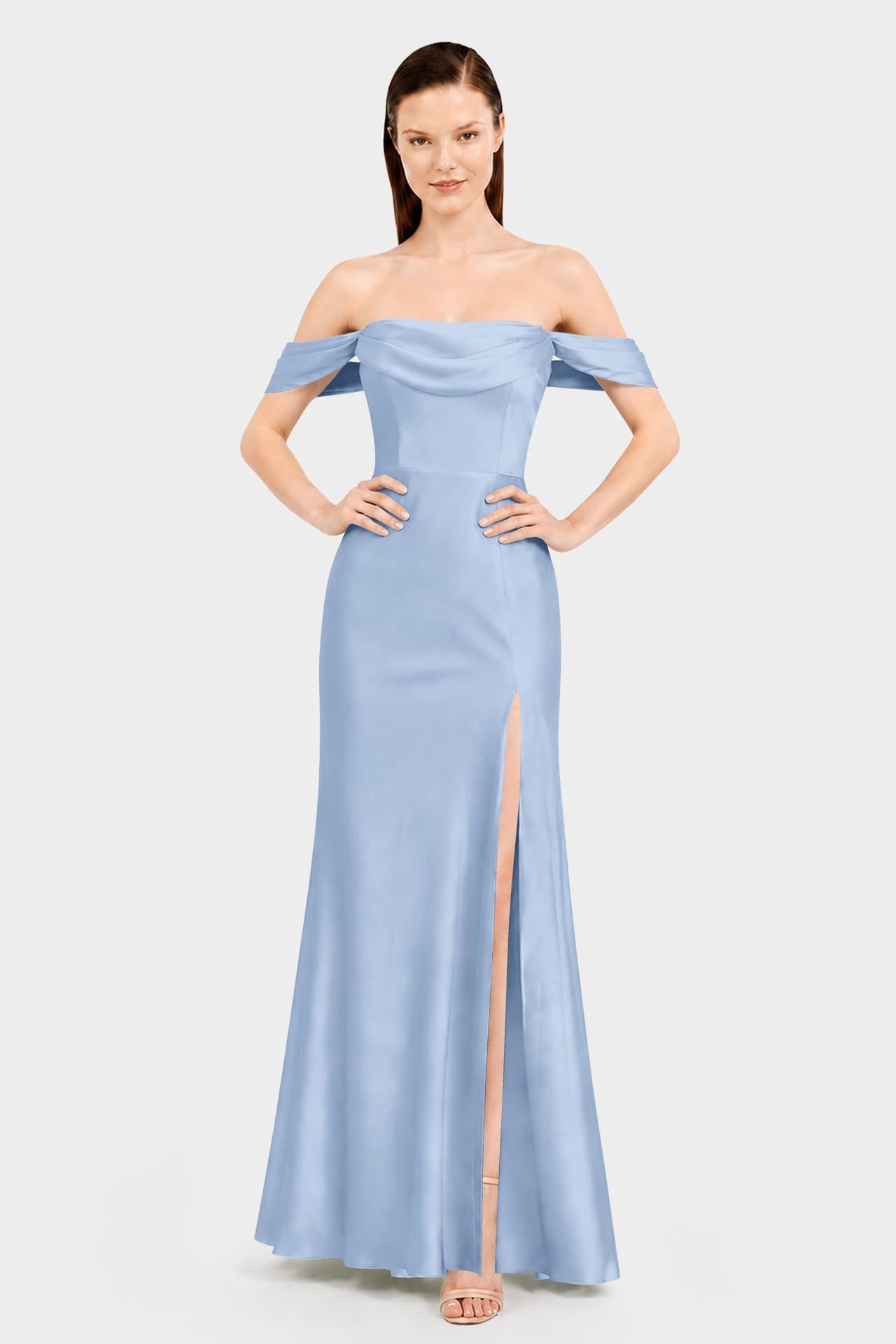 Convertible Off Shoulder Steel Blue Bridesmaid Maxi Dress – Resort Wedding Dress