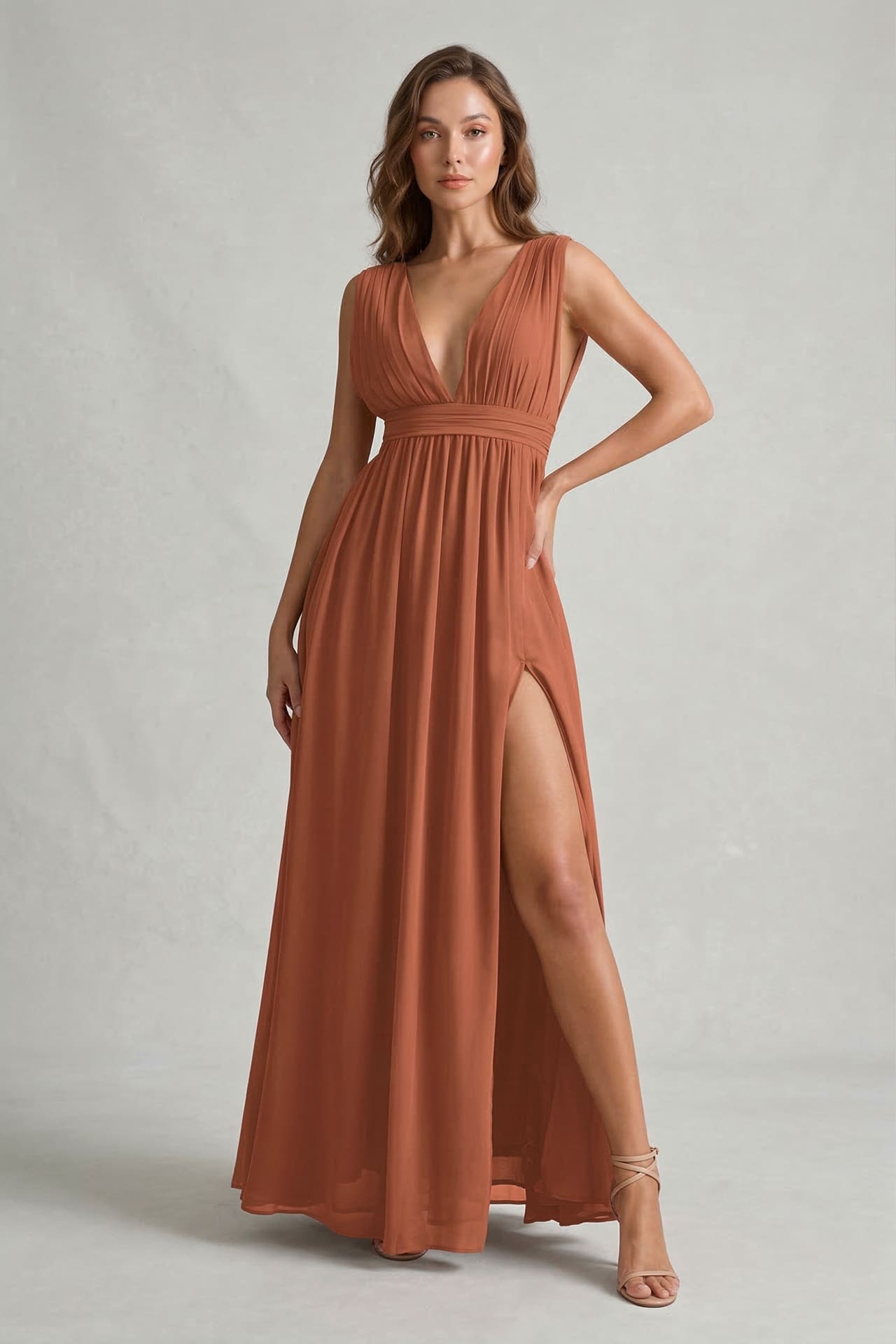 Copper Heaven V-Neck Bridesmaid Dress – Warm Metallic Maxi Gown