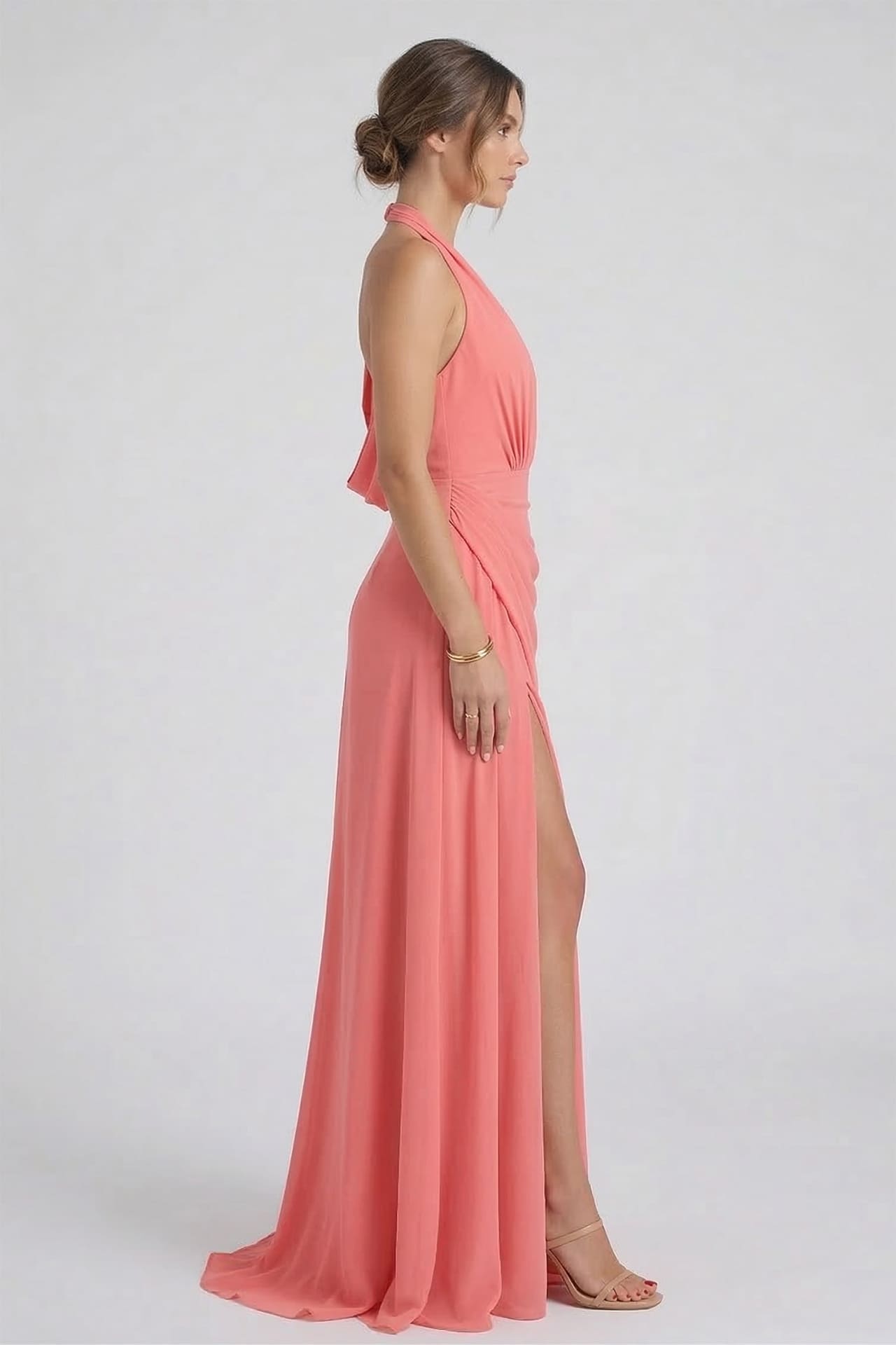 Coral Chiffon Halter V-Neck Bridesmaid Maxi Dress with Flowing A-Line Skirt