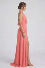 Coral Chiffon Halter V-Neck Bridesmaid Maxi Dress with Flowing A-Line Skirt