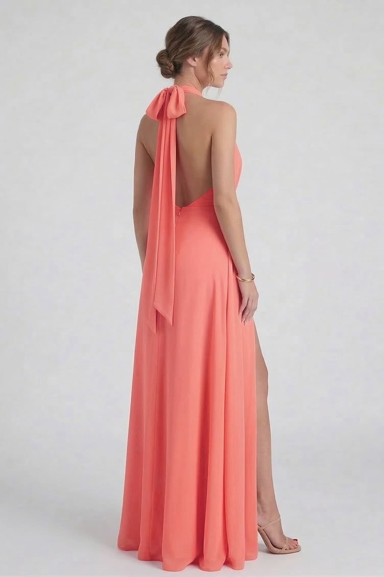 Coral Chiffon Halter V-Neck Bridesmaid Maxi Dress with Flowing A-Line Skirt