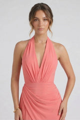 Coral Chiffon Halter V-Neck Bridesmaid Maxi Dress with Flowing A-Line Skirt