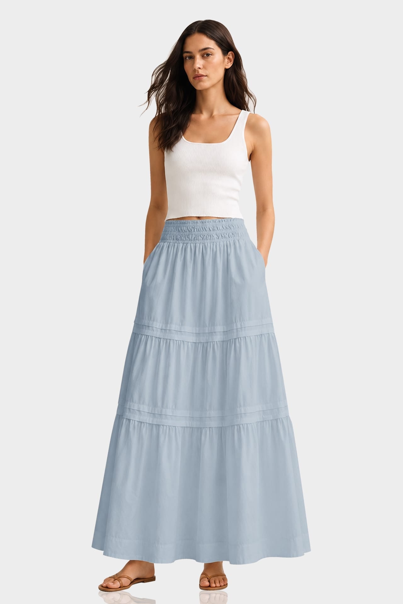 Dusty Blue Flowy Cotton Maxi Skirt with Pockets – Summer Cotton Skirt