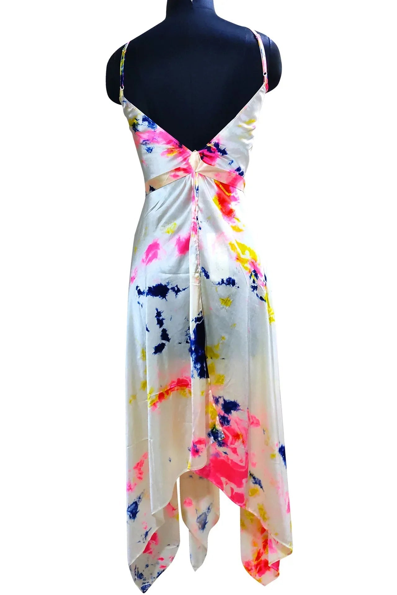 Cream Fuchsia Blue Tie Dye Maxi Handkerchief Dress