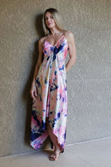 Cream Fuchsia Blue Tie Dye Maxi Handkerchief Dress
